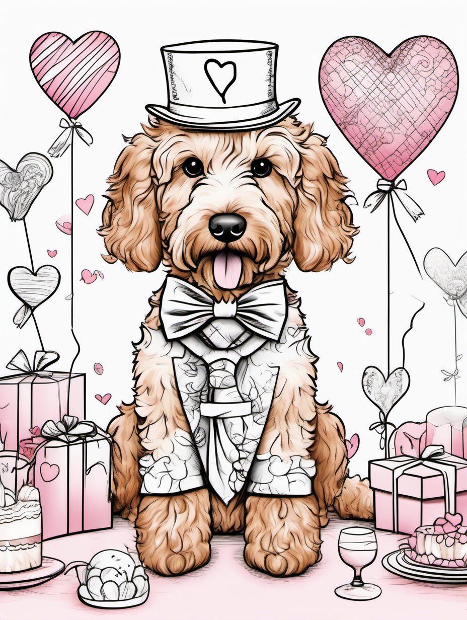 A cute goldendoodle at a whimsical Valentines Day