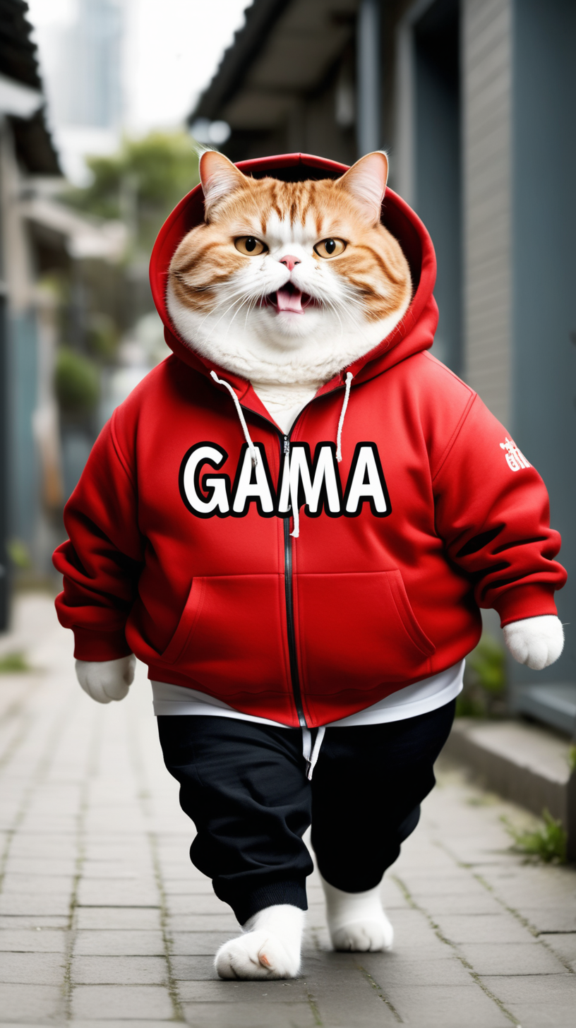 Fat Cat, Cute, Excited, Happy, Wearing a Red Hoodie Jacket with GAma Written on It, Black Pants, Walking