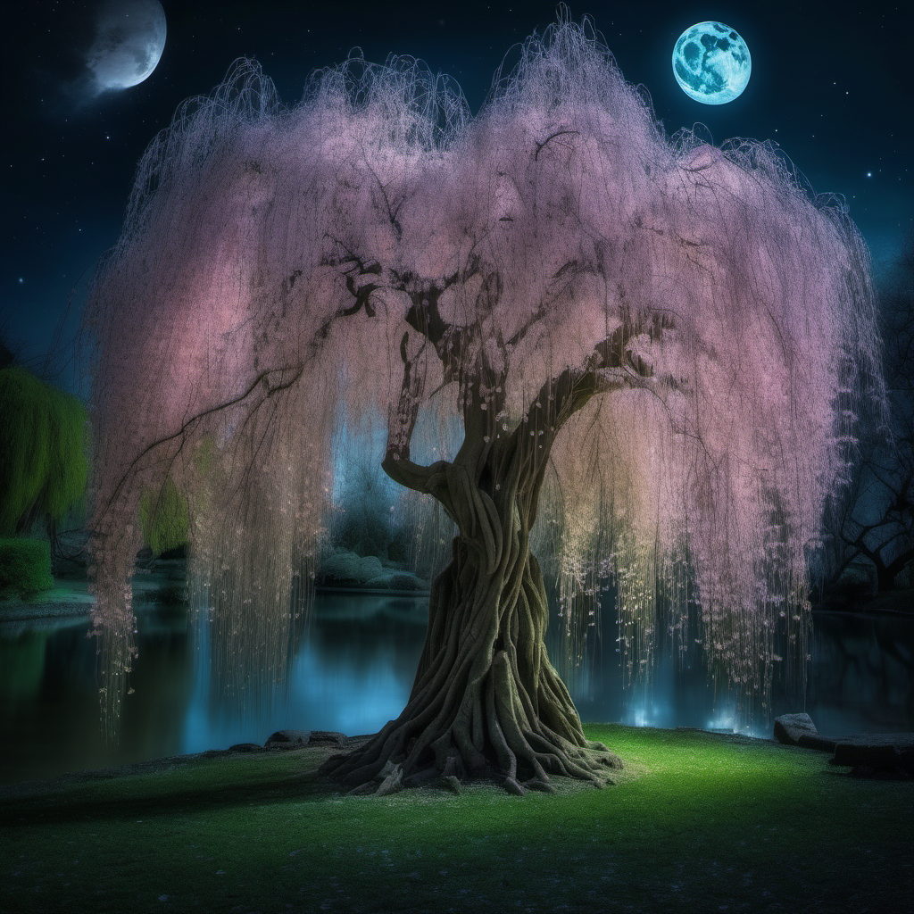 an ancient magical weeping willow tree in an enchanted forest that is shimmering in the moon light similar to Japanese "WEEPING SAKURA" Cherry Blossom Flower Tree
