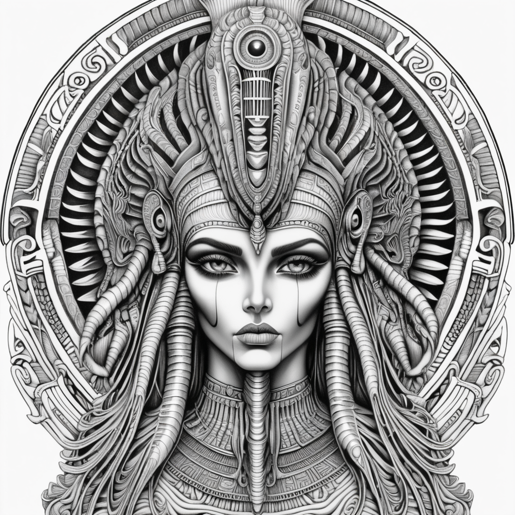 black & white, coloring page, high details, symmetrical mandala, strong lines, Egyptian female god of death with many eyes in style of H.R Giger