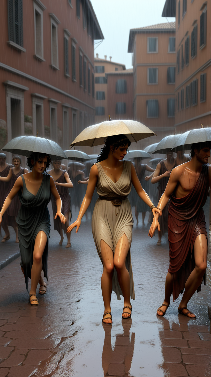 In ancient Rome, people are dancing in the street in the rain and there are dead people around
