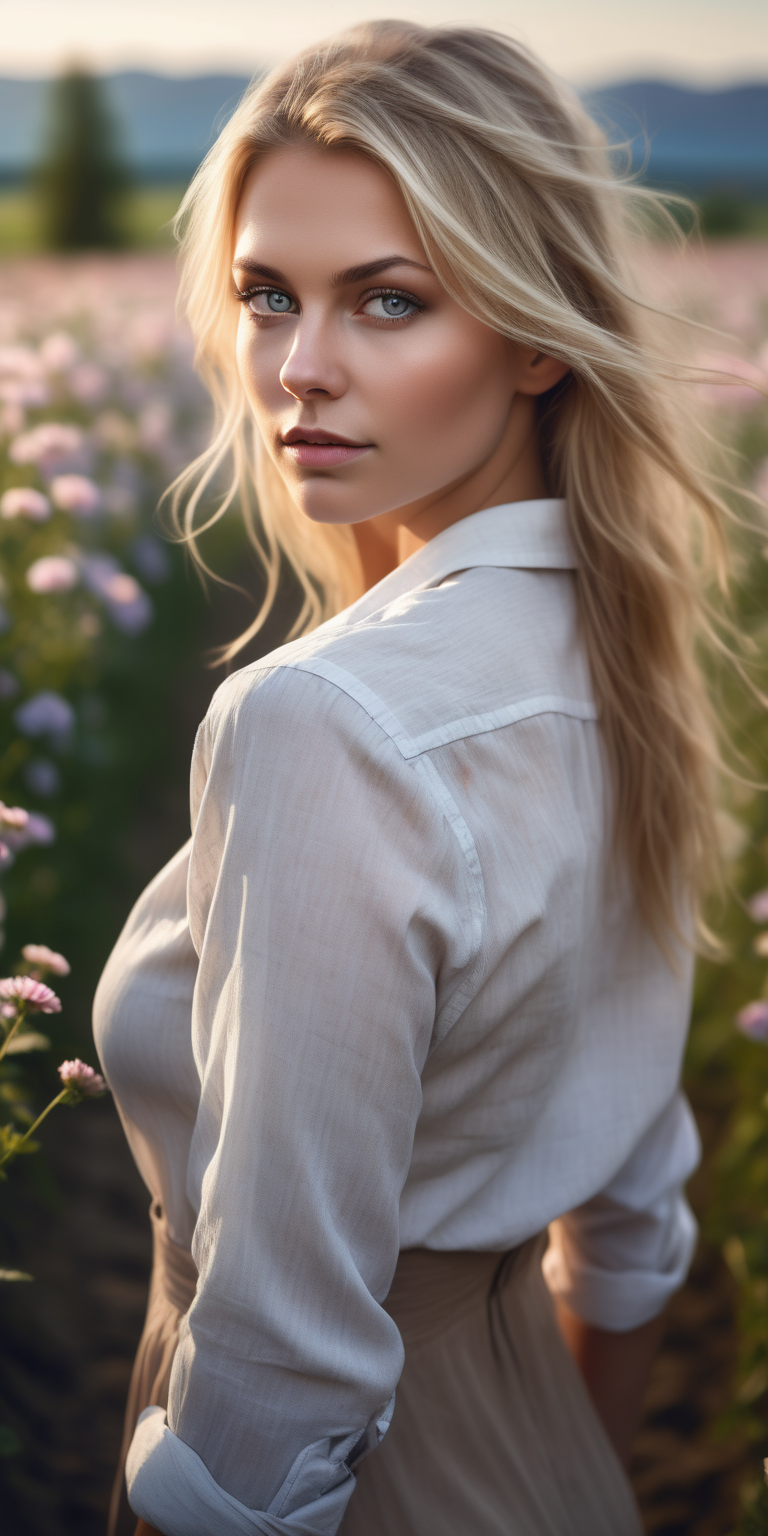 Beautiful Nordic woman, very attractive face, detailed eyes, big breasts, dark eye shadow,  messy blonde hair, wearing an unbuttoned dress shirt, bokeh background, soft light on face, rim lighting, facing away from camera, looking back over her shoulder, standing in a flower field, photorealistic, very high detail, extra wide photo, full body photo, aerial photo