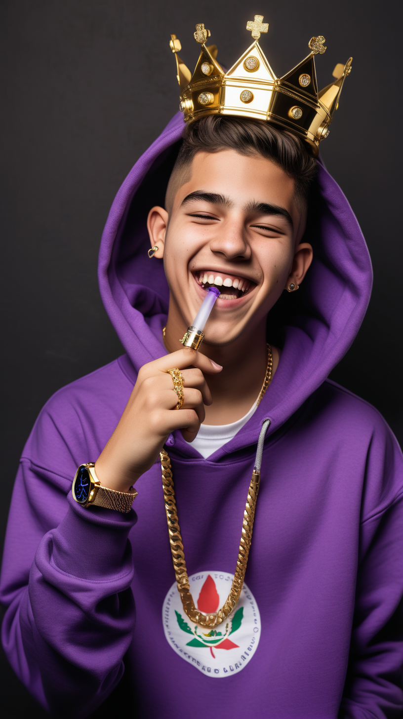 Mexican teen  wearing purple hoodie, holding a vape, laughing, wearing a gold watch, gold chains, and a crown
