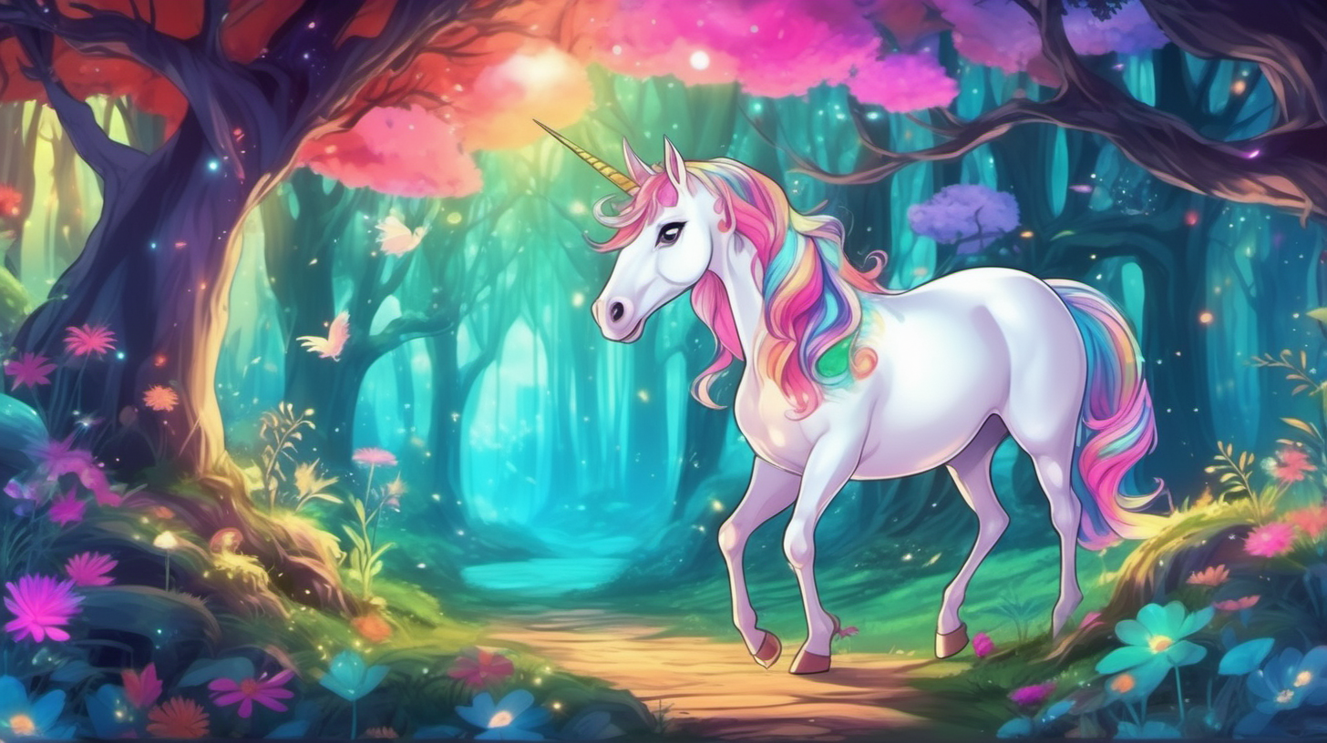 a beautiful enchanted forest with a unicorn and a fairy and a lot of eye catching color in cartoon anime style