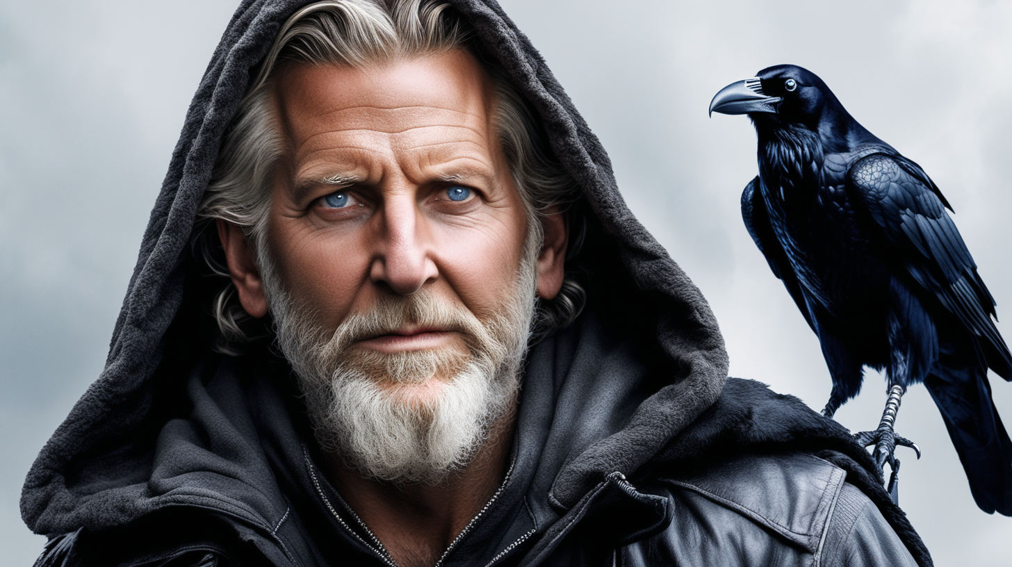 Odin the Allfather with the face of an old Bradley Cooper, wearing a gray hood and a raven sitting on his shoulder
