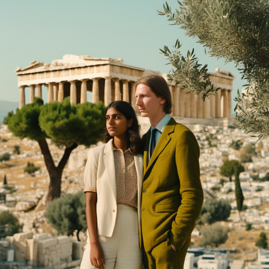 Young GermanIndian couple in Athens Acropolis and olive