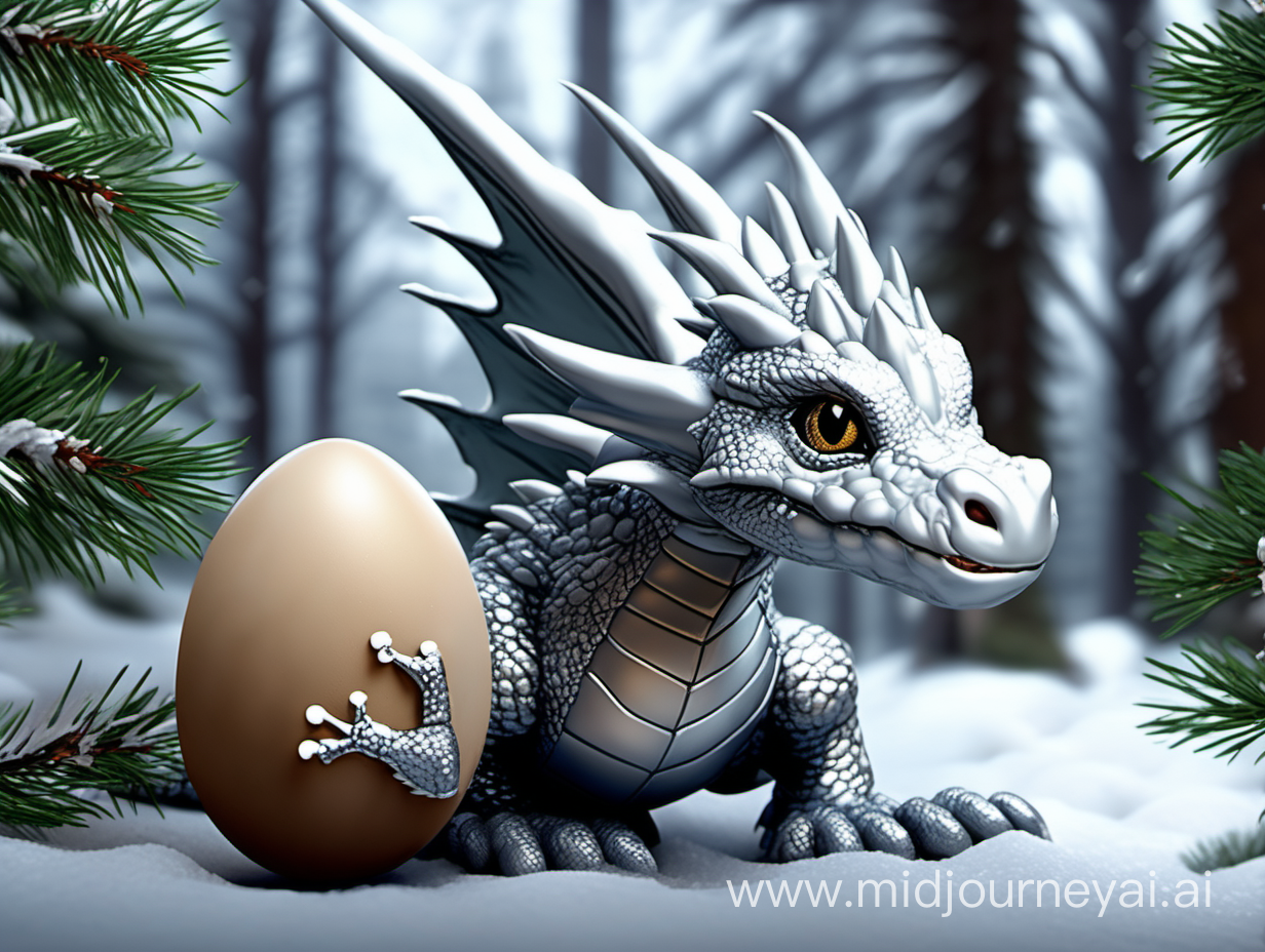 In a Dungeons & Dragons style. A baby silver dragon just hatched from its egg emerging from the trees onto a forest track. It is winter so there is snow on the ground and the pine trees have snow on them as well