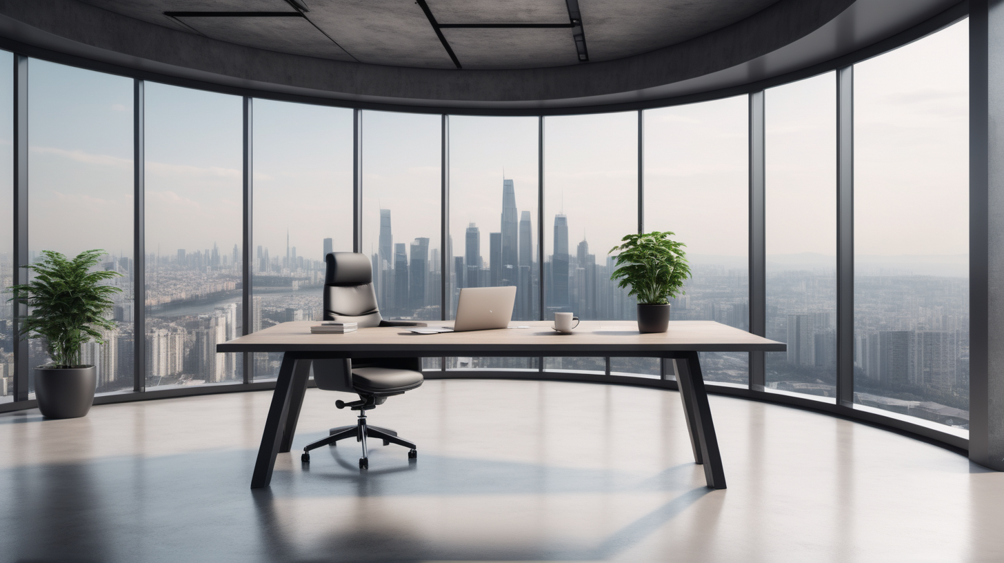 CEO modern office,  minimalist style, industrial, modern table with one small plant and one coffee, professional, cinematic, no wall a big 360° window with a panoramic view of a cityscape, professional photo, stock photography, industrial tone --ar 5:3