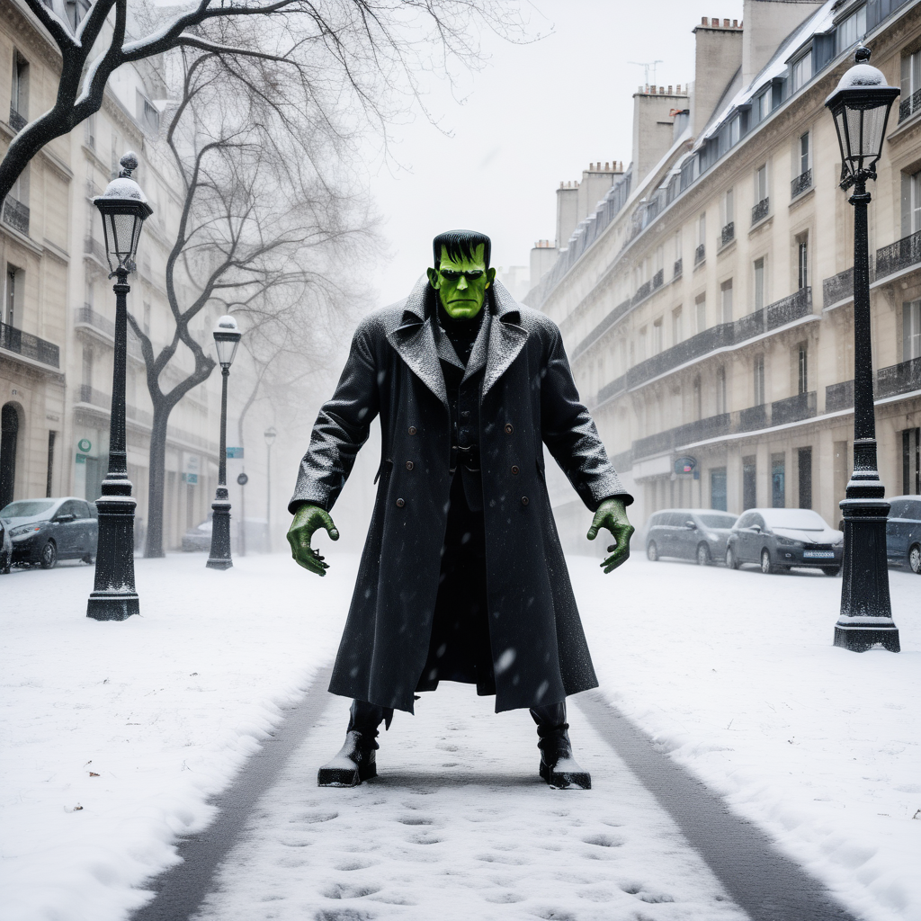 Frankenstein fighting the Shadow in Paris in winter snow storm