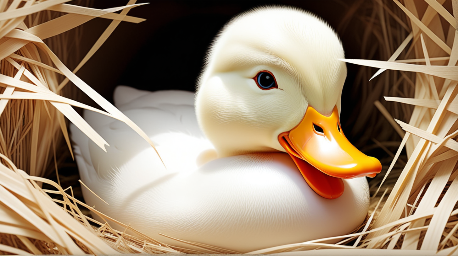 Depict a white duck hiding her egg beneath some hay.