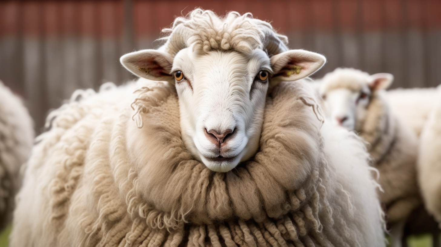 Portrait woolly sheep on the farm, isolated on background, copy space, photo shoot