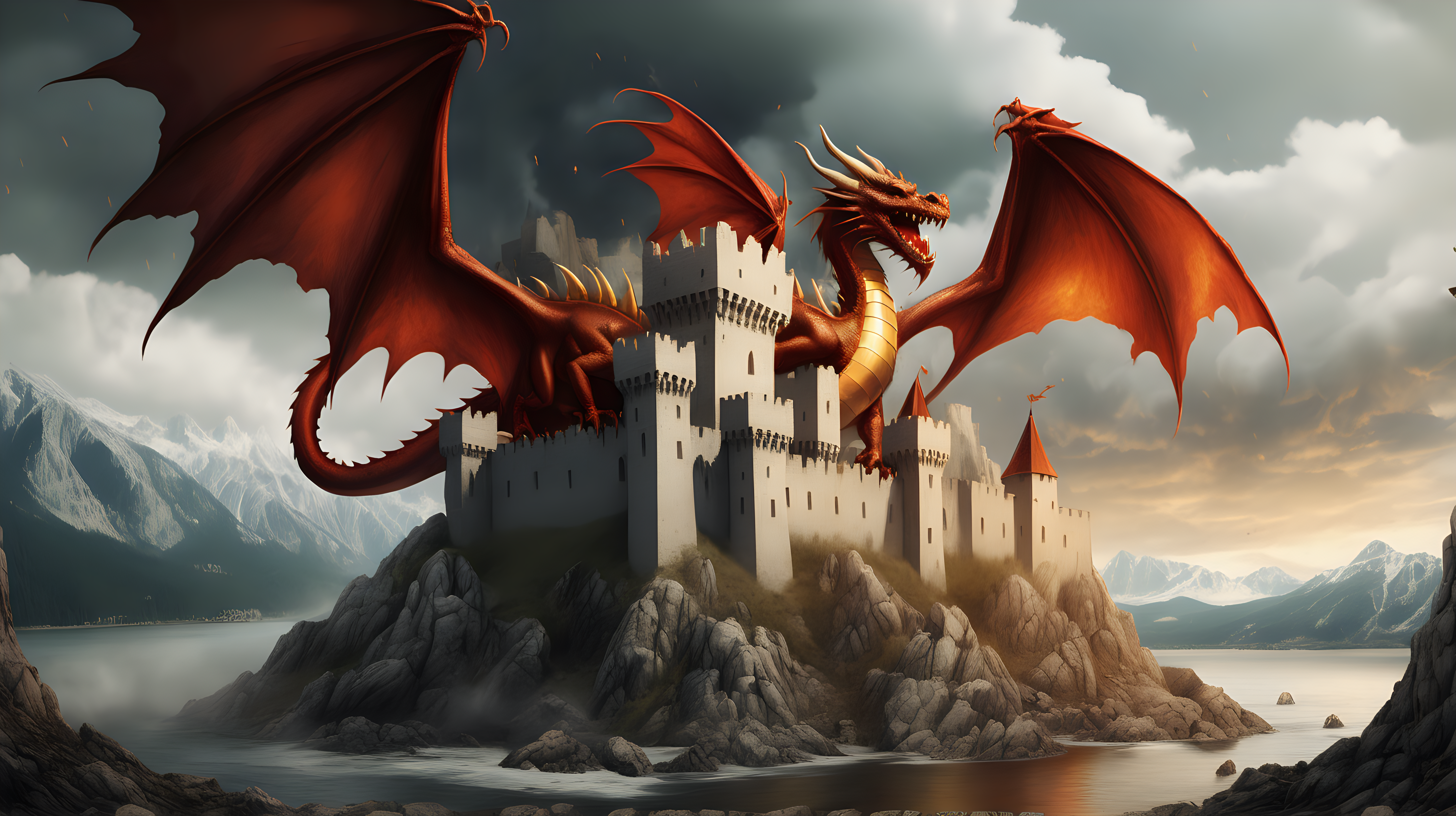 dragon destroying an old castle