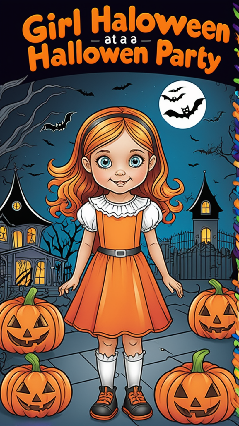 Cover of a children's coloring book: girl at a Halloween party, full color  