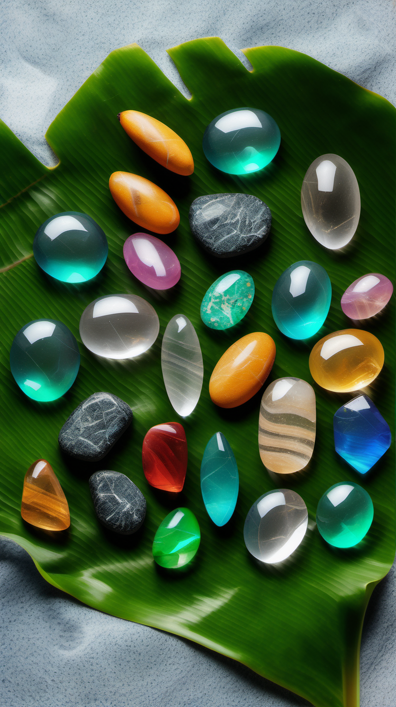 Transparent Colorful Stones on Banana Leaves