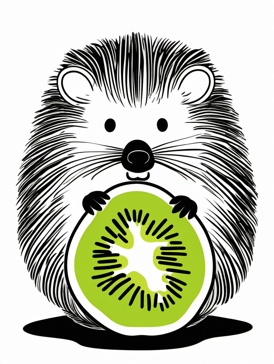 minimalist black and white drawing of hedgehog eating a colourful kiwi fruit
