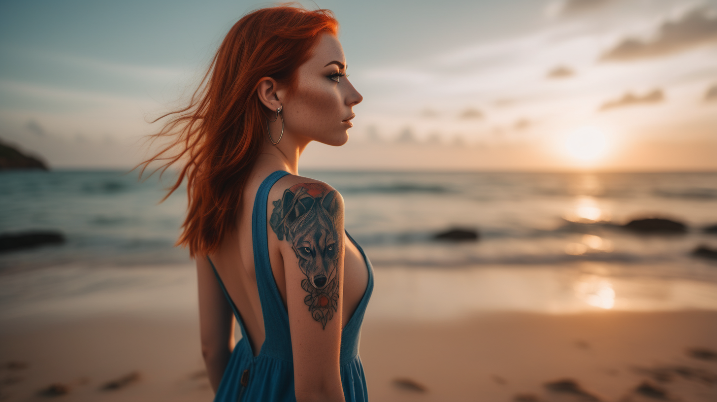 the photo is taken in a tropical beach, sunset. Only one girl is standing, She is looking to the see. The girl is wearing a short blue alluring dress that reveals her body curves, redhead straight hair, she has a nose piercing and a wolf tattoo on her back. The lighting in the portrait should be dramatic. Sharp focus. A perfect example of cinematic shot. Use muted colors to add to the scene.