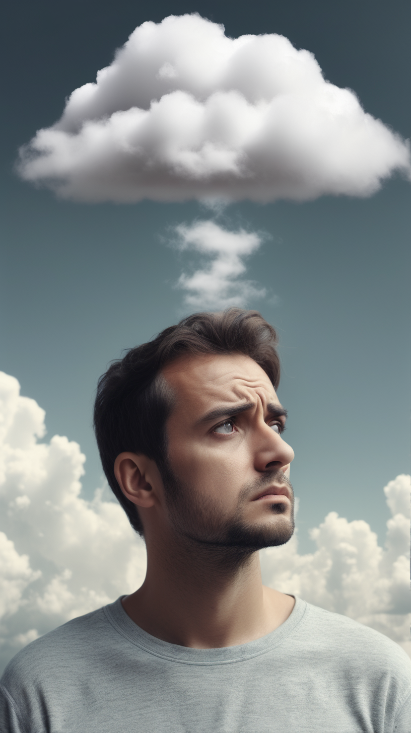 man looking gloomy with a white cloud above