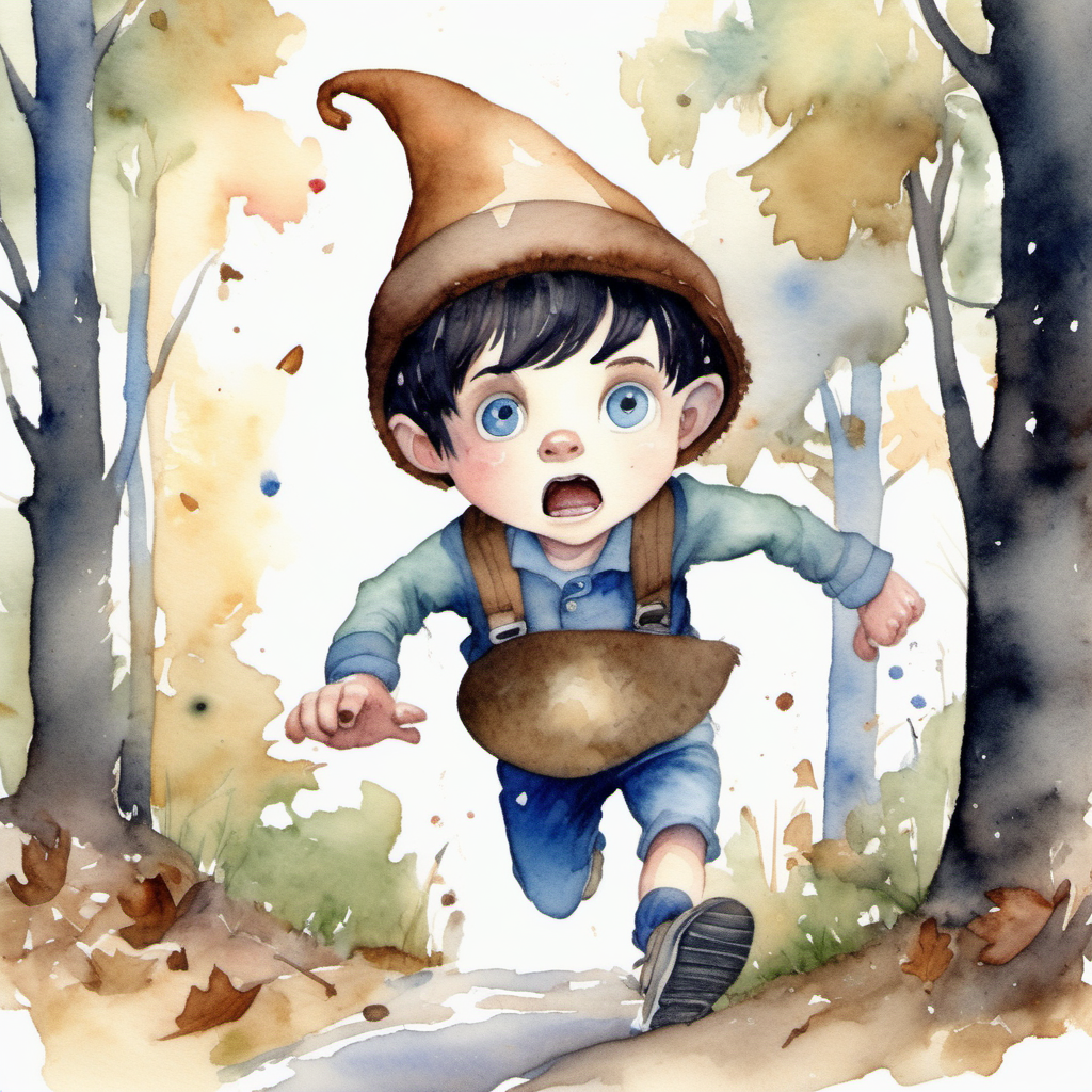 A watercolor painting of a young dark haired pixie with blue eyes wearing an acorn hat who is running away because he is scared