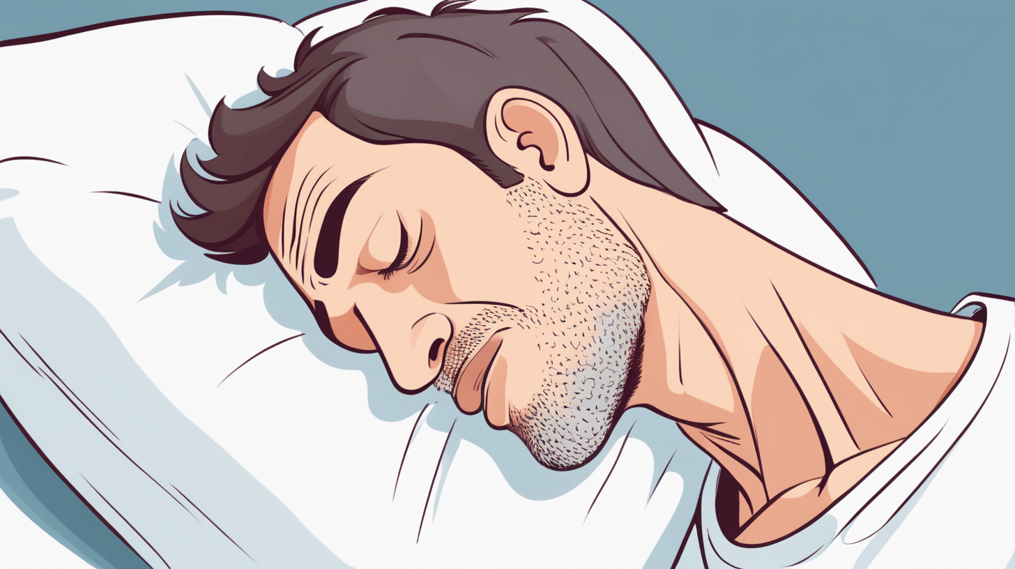 A simple illustration of man side view snoring on bed top view. close up