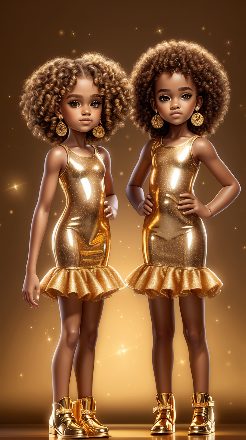 pixel 3D African 10 year old  twin sisters,  glowing beautiful light brown skin curly permed hair sparkly face with sparkly makeup on and full body with a golden dress and Golden Earrings showing legs in golden shoes with normal Brown skin and beautiful dark brown 