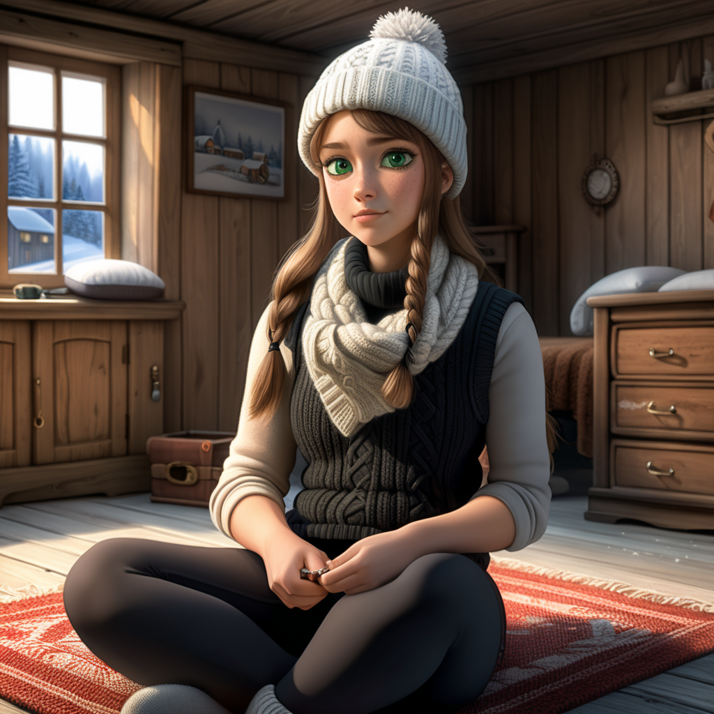 Village 30 years old girl. Long ponytile tied hair, green eyes. She is dressed very thick in a country style - with knitted white woolen socks. She wears black tight black thermo leggings. She wearing brown sweater with a high collar . She is wearing a white sleeveless sweater over it. She has a scarf wrapped around her neck. A thick knitted hat on the head. Knitting alone on the floor in the old and wooden house. Around her is an old sofa covered with a rug. There is a black and red traditional rug on the ground. Her bed is behind her - an old one with a spring and a metal frame. A television with a kinescope looks out from an old wooden cabinet. The windows of the house are frosted over - you can see a lot of snow outside. It's night.
