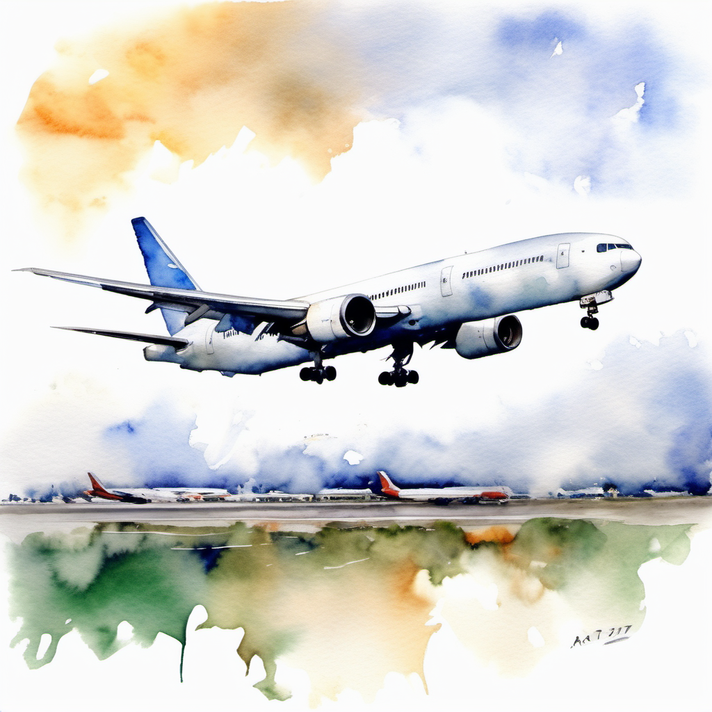 white boeing 767 departure, watercolor paint