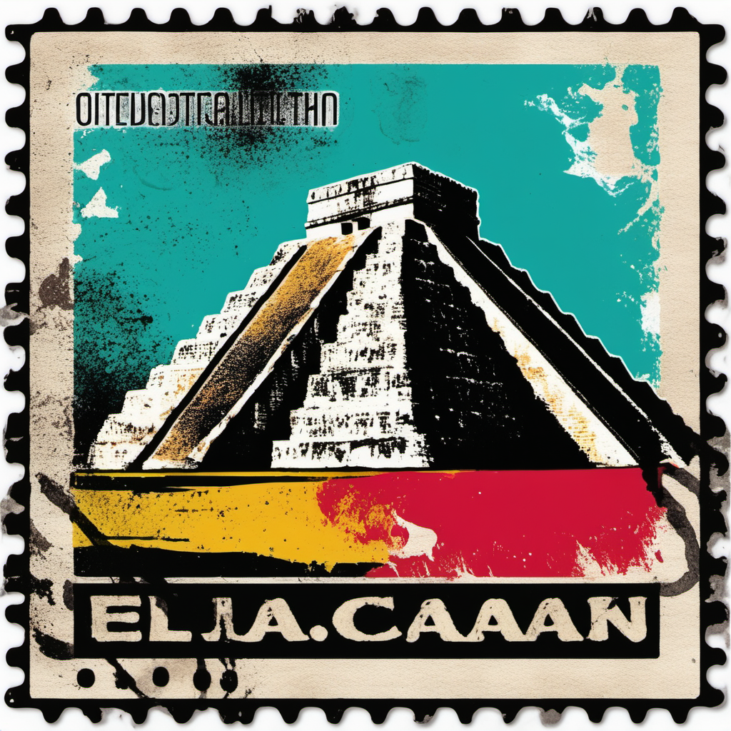 stamp with El Castillo Yucatan abstract colorful distressed