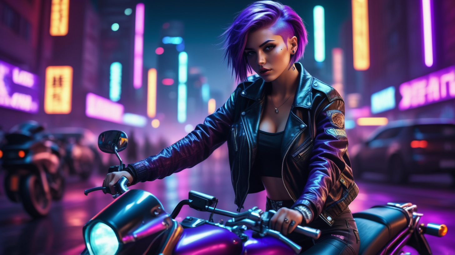 The image features beautiful woman on motorbike, realistic, perfect body, leather jacket, short shorts, purple hair, cyberpunk night city in the background with neon lights, Sharp focus. A ultrarealistic perfect example of cinematic shot. Use muted colors to add to the scene.