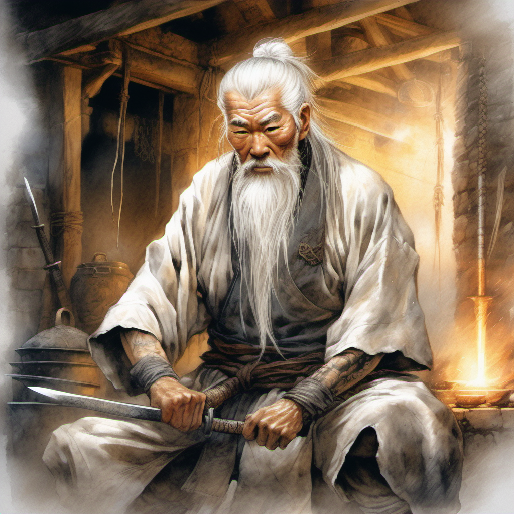 genera una ilustración a color estilo Luis Royo, de un maestro forjador de espadas japonés, anciano, ochenta años, pelo blanco, tatuajes en la cara, barba blanca y larga. De fondo una herrería medieval. Luz cálida y etérea