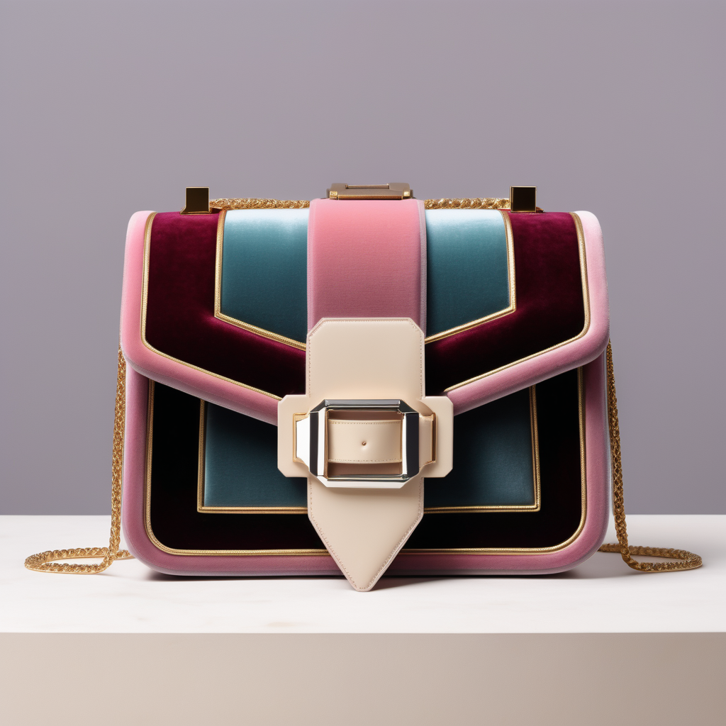 Neoclassic inspired luxury small velvet bag with flap and metal buckle- geometric shape - frontal view - color contrast borders - pastel colors - Burgundi shades