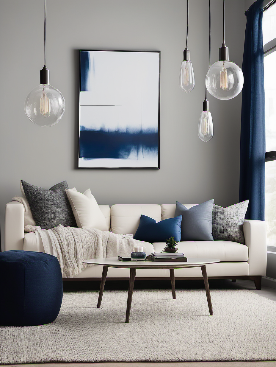 The image features a sophisticated and contemporary living room setting. Empty wall without painting at wall. There's a sleek, white leather sofa adorned with blue and gray throw pillows, a stylish light fixture with multiple bulbs extends from the wall, complementing the modern vibe. The room is anchored by a soft, beige carpet, and a cozy navy blue throw blanket casually draped over the sofa adds a touch of warmth. The scene conveys a chic and curated look, with a clear emphasis on minimalist design and colour coordination.