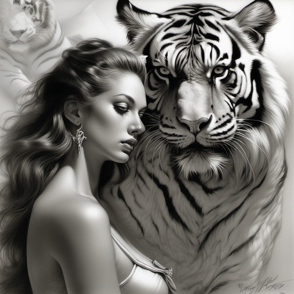 /imagine prompt : a hyper realistic black and gray Boris Vallejo drawing, feauteted a beautiful angel by a tiger portrait create a sureal fantasy atmosphere
/describe : whole subjects in the box
-no cut

<background>white papaer
<style>pencil drawing

