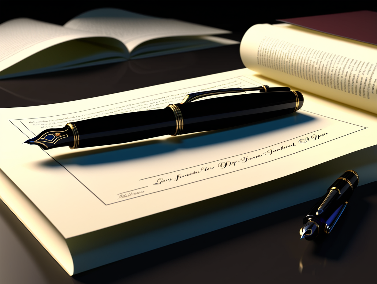 3d, black fountain pen, desk, papers, books, low light