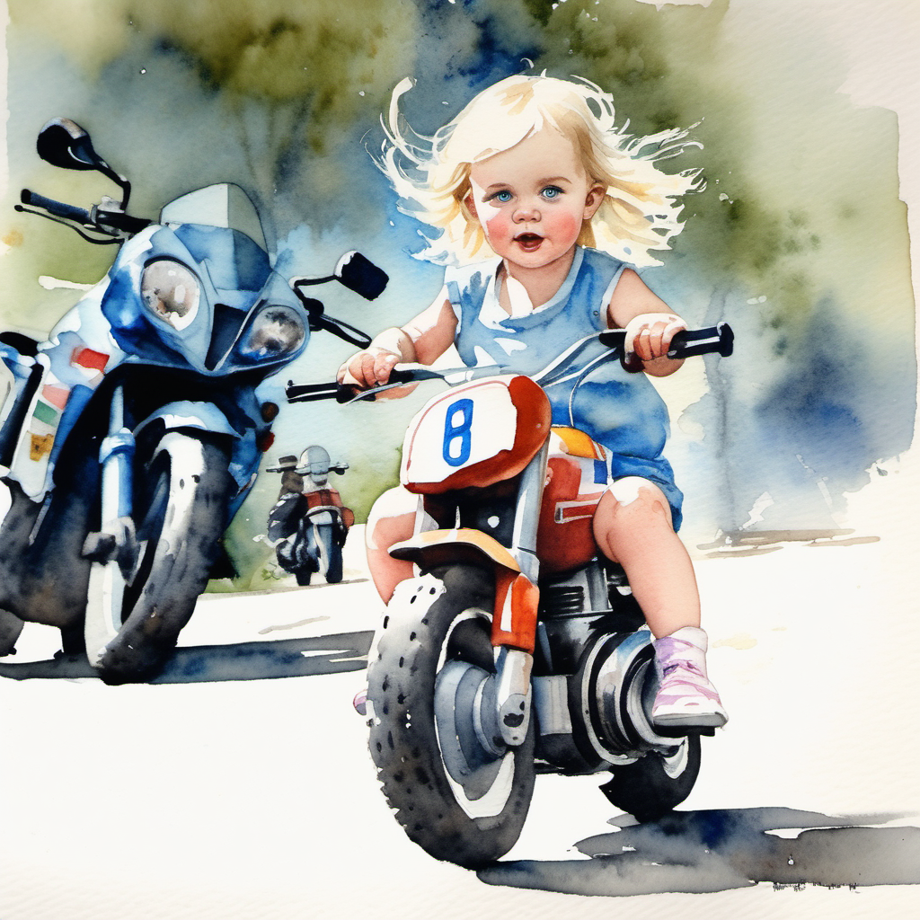 A watercolour painting of beautiful blond blue-eyed baby girl riding on a motorbike at the TT