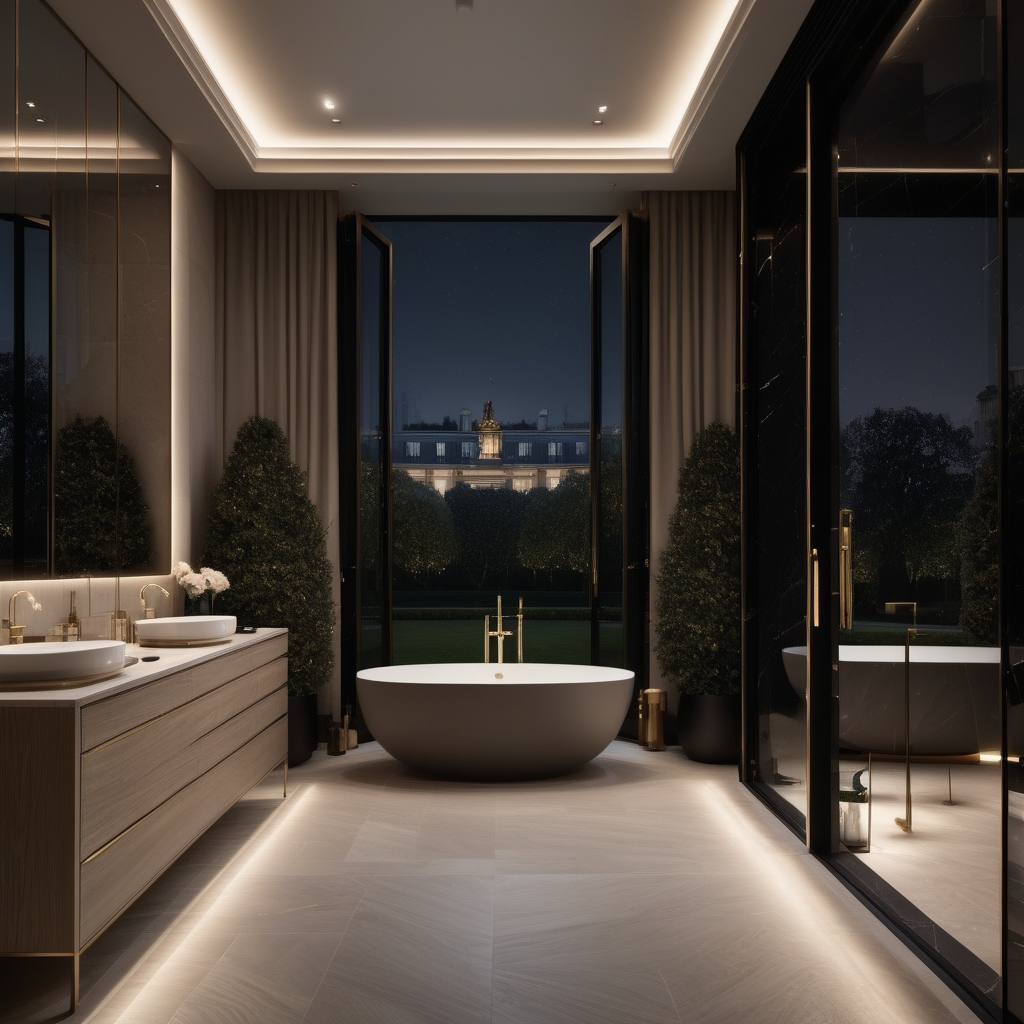 a hyperrealistic of a grand Modern Parisian estate home master bathroom at night with mood lighting, floor to ceiling windows with a view of the manicured gardens , in a beige oak brass and black colour palette 

