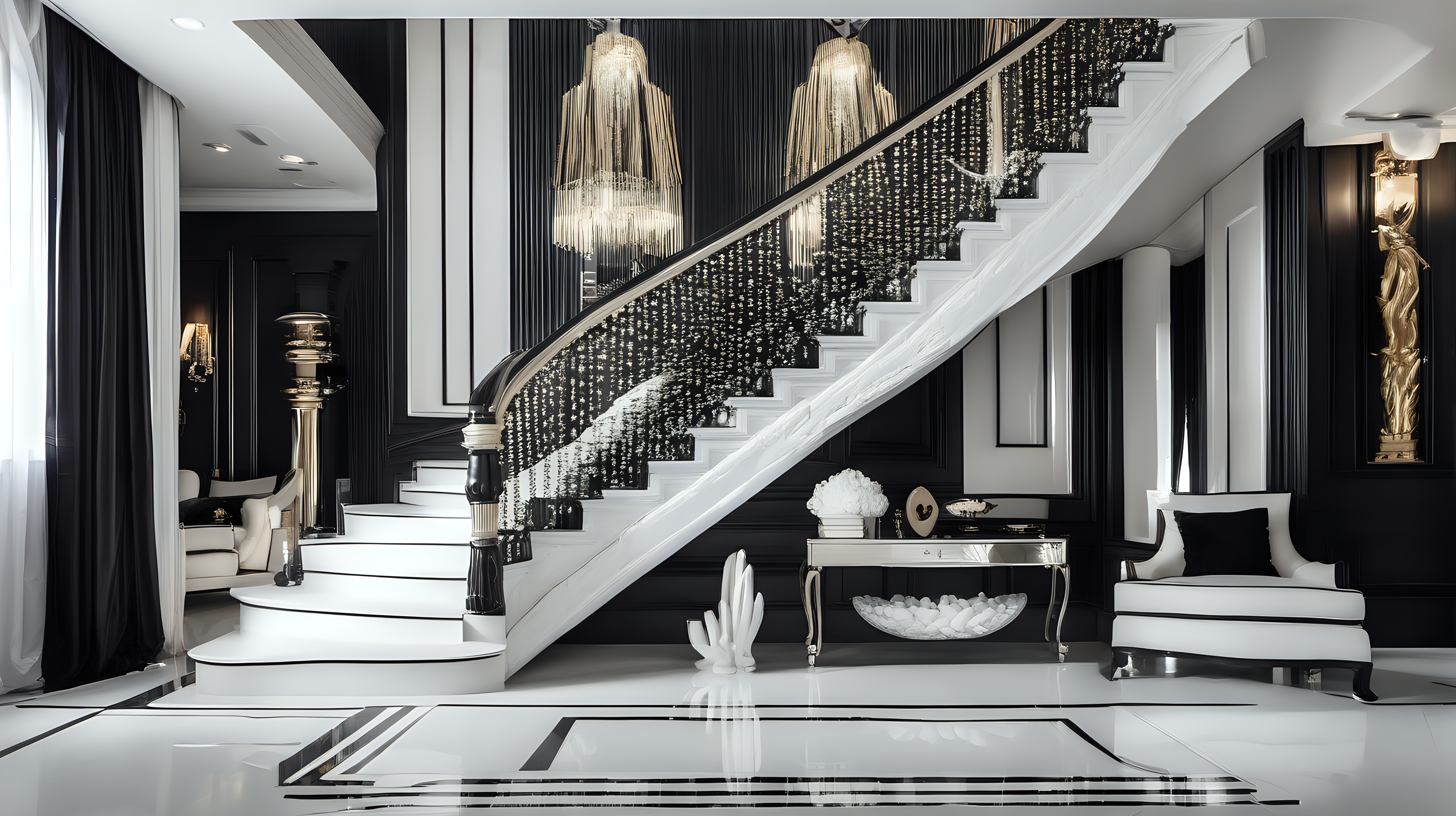 one cozy Interior stairs with black and white luxury details