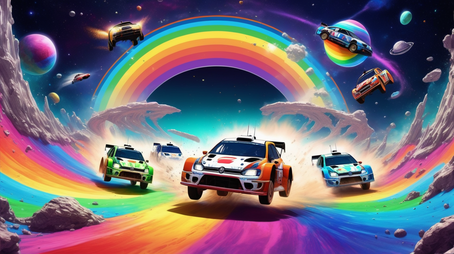 rally cars racing on rainbow road in space