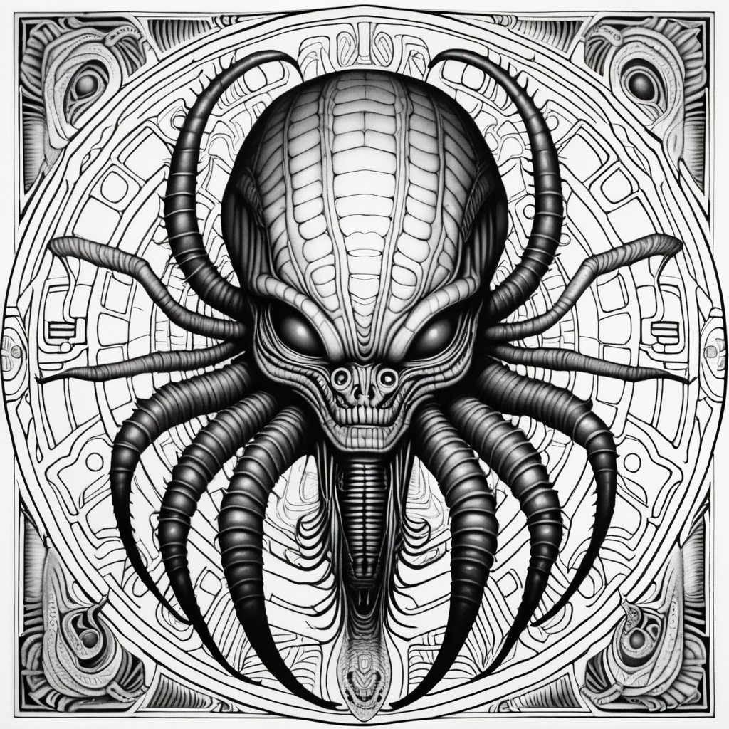 black & white, coloring page, high details, symmetrical mandala, strong lines, alien face hugger in style of H.R Giger