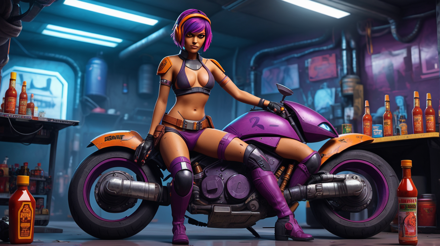 bikini sabine wren on a motorcycle with hot sauce on a table in cyberpunk garage
