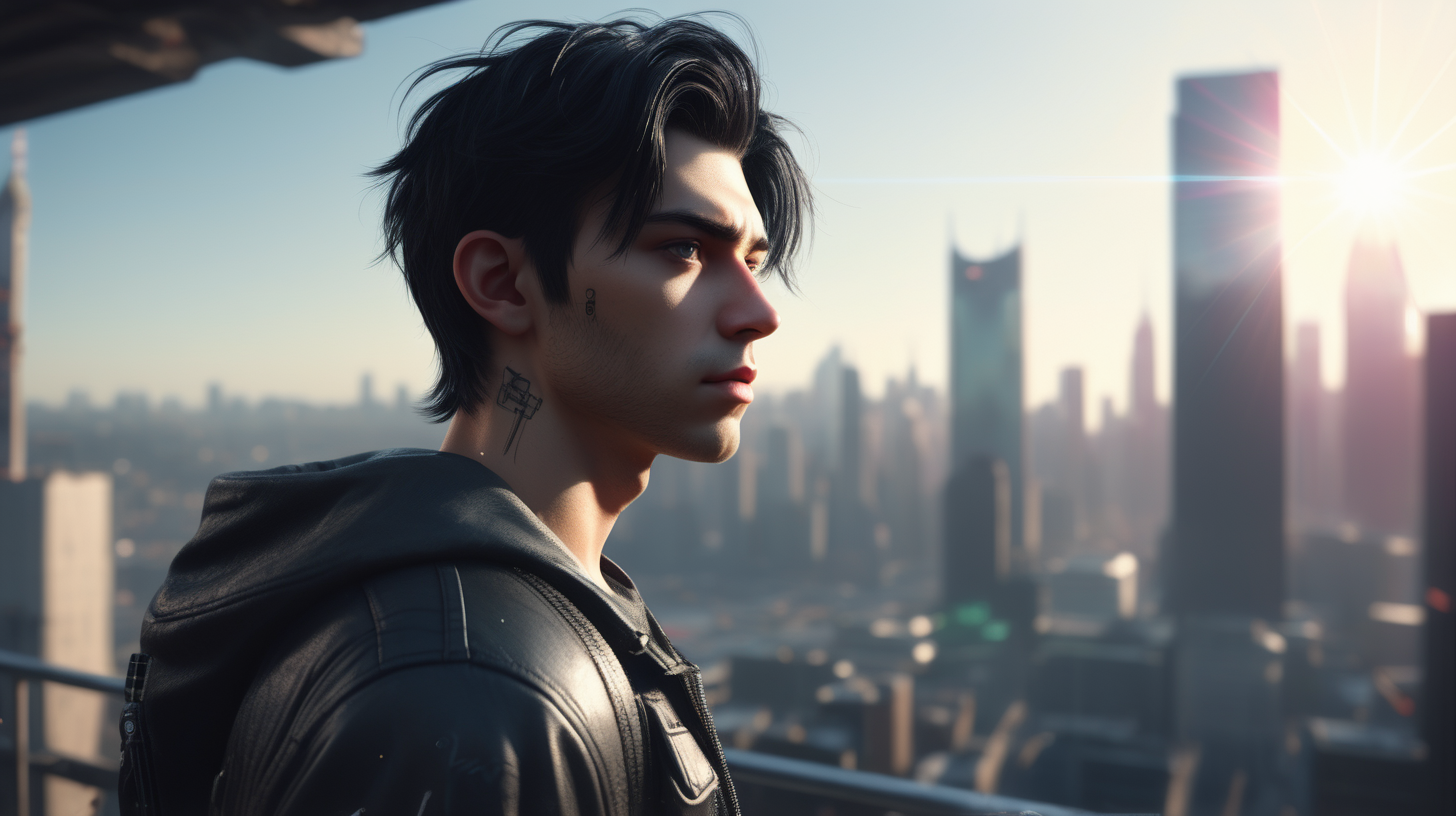 Dystopian, High Detail RAW color Photo, Full Shot, (cute male), standing on an overlook, in the distance cyberpunk city skyline, perfect face, black hair, Extremely realistic textures (highly detailed, fine details, intricate), (lens flare:0. 5), (bloom:0. 5), raytracing, specular lighting, shallow depth of field, 200mm lens, hard focus, smooth, cinematic film still