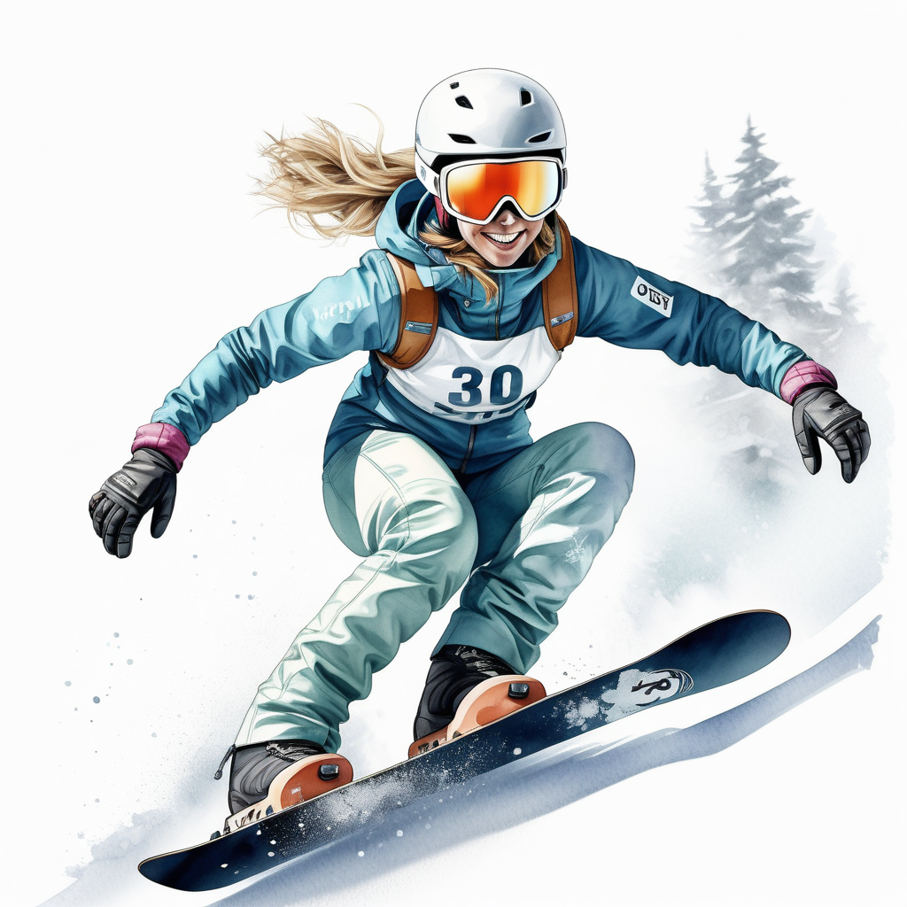 white backgroundcreate a realistic illustrationdetailed shot of snowboardingwomanEster