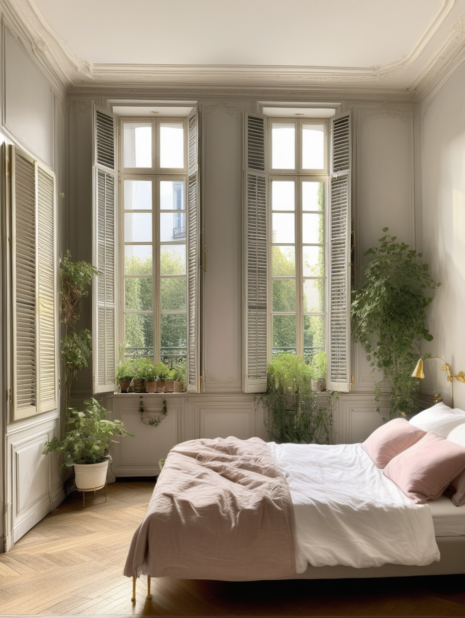 paris interior bedroom with window, light French herringbone parquet with brass thin profile around the perimeter, a lot of plants in vintage white pots, brass vintage handles on the window, open Premier French Grey Shutter, rose bed