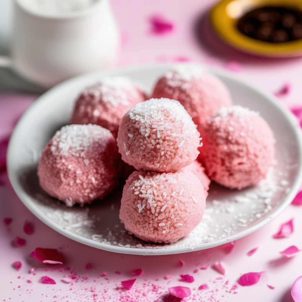 a pinkish rose coconut ladoo placed on a white plate in a cafe with a white dispersed dusty layer