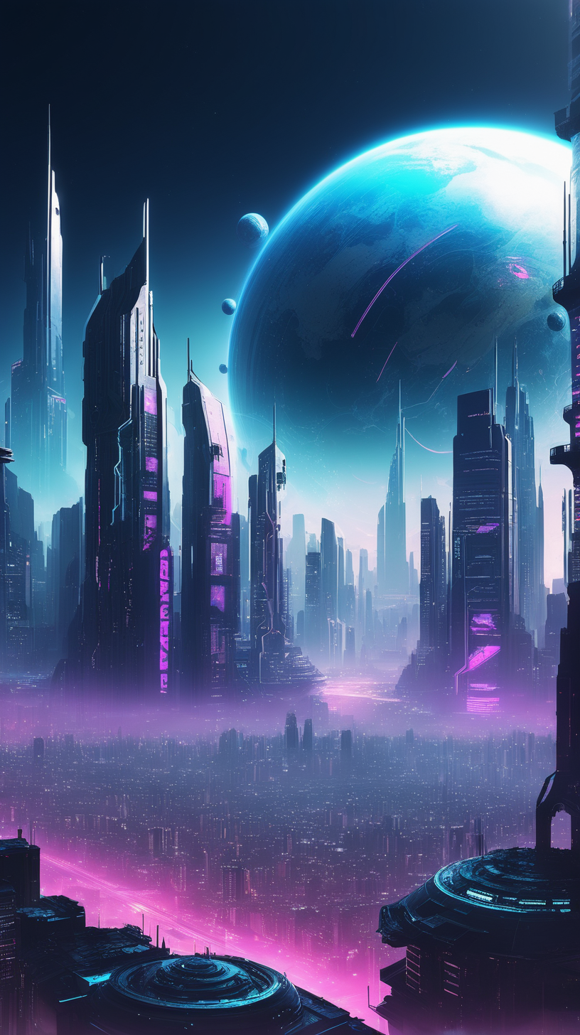 Cyberpunk city skyline planet on the sky