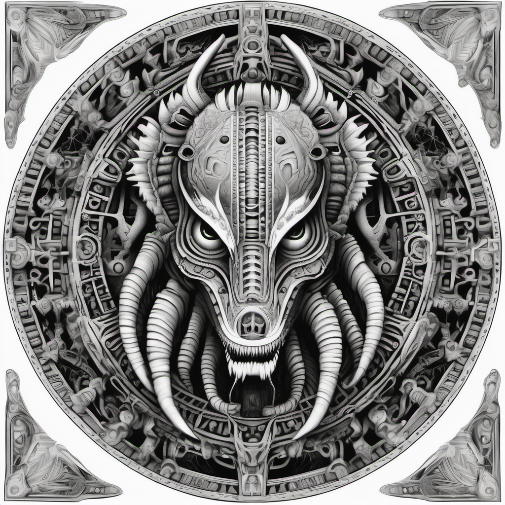 black & white, coloring page, high details, symmetrical mandala, strong lines, camposaurus with many eyes in style of H.R Giger