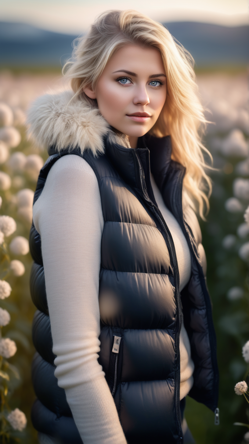 Beautiful Nordic woman, very attractive face, detailed eyes, big breasts, dark eye shadow,  messy blonde hair, wearing puffer vest, bokeh background, soft light on face, rim lighting, facing away from camera, looking back over her shoulder, standing in a flower field, photorealistic, very high detail, extra wide photo, full body photo, aerial photo