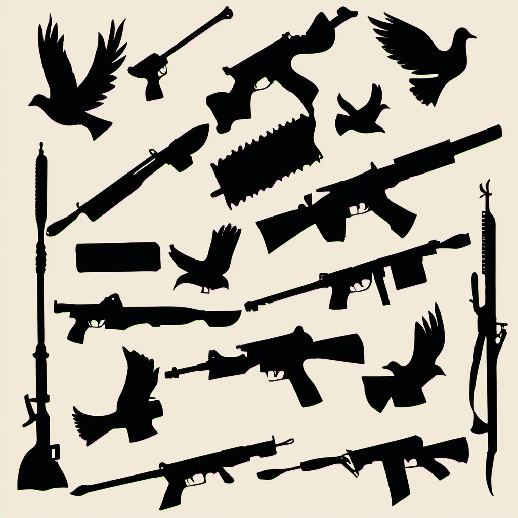 Weapon Displays: An array of weapons used in Gaza conflict, presented in a somber, respectful manner, with each item casting a shadow in the shape of a dove, symbolizing the hope for peace amidst war.