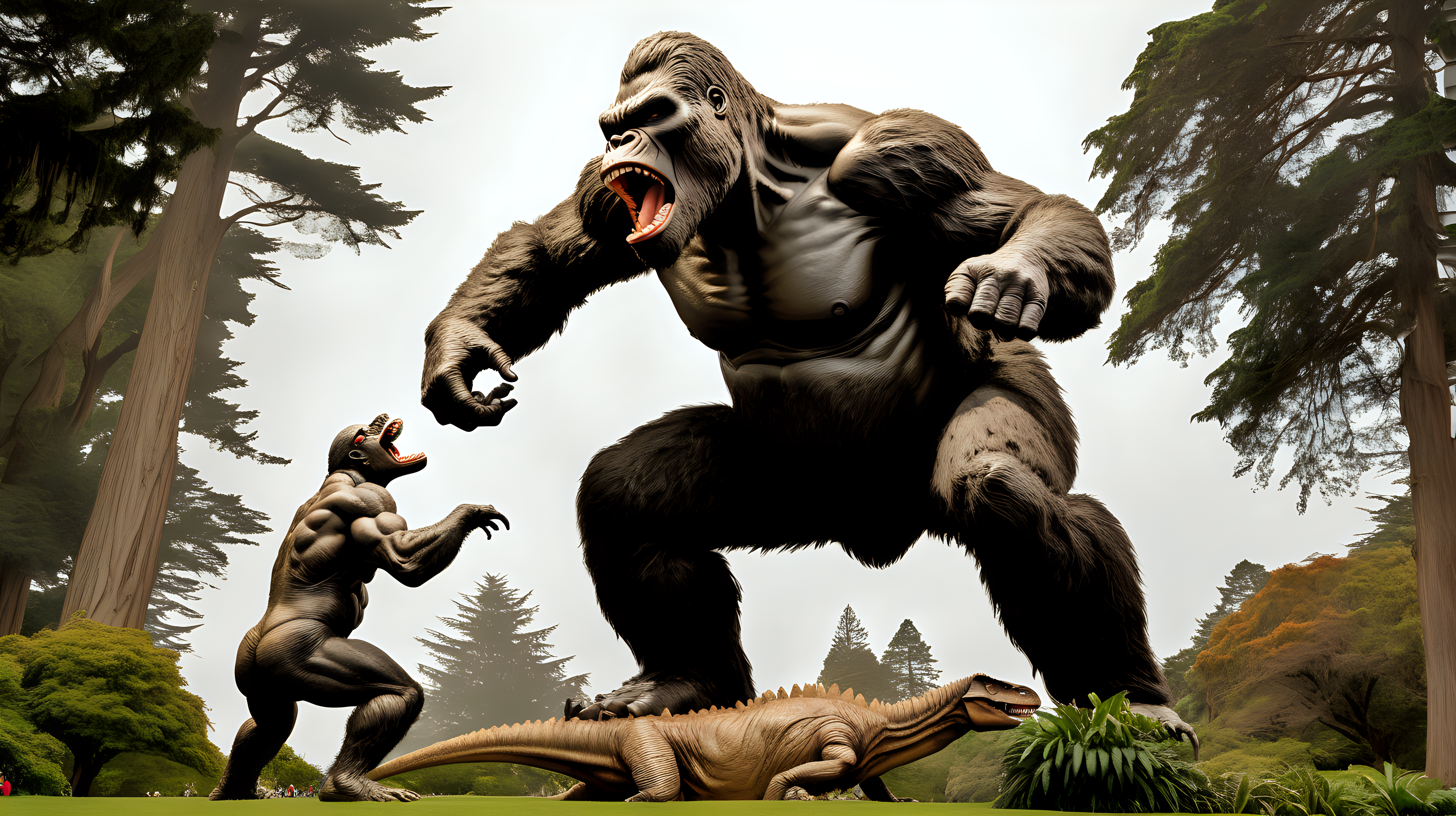 King Kong fighting a Tyrannosaurus Rex in Golden Gate Park