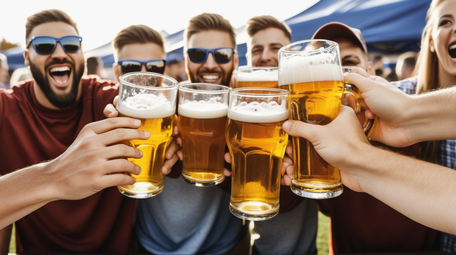 people celebrating drinking beer out of glasses without logos at football tailgate