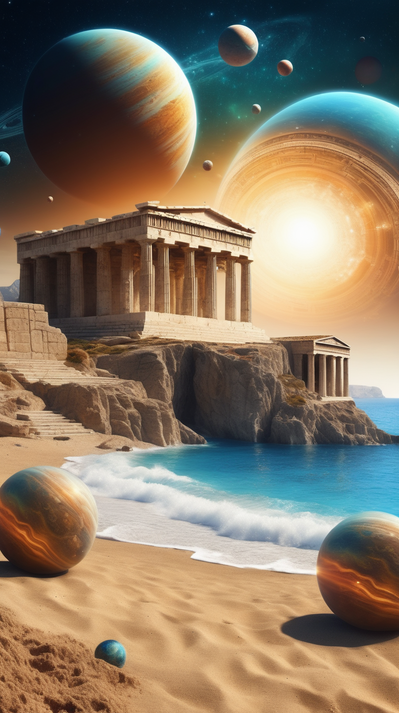 Fantasy Beach, greeks temples on the background, planets on the sky
